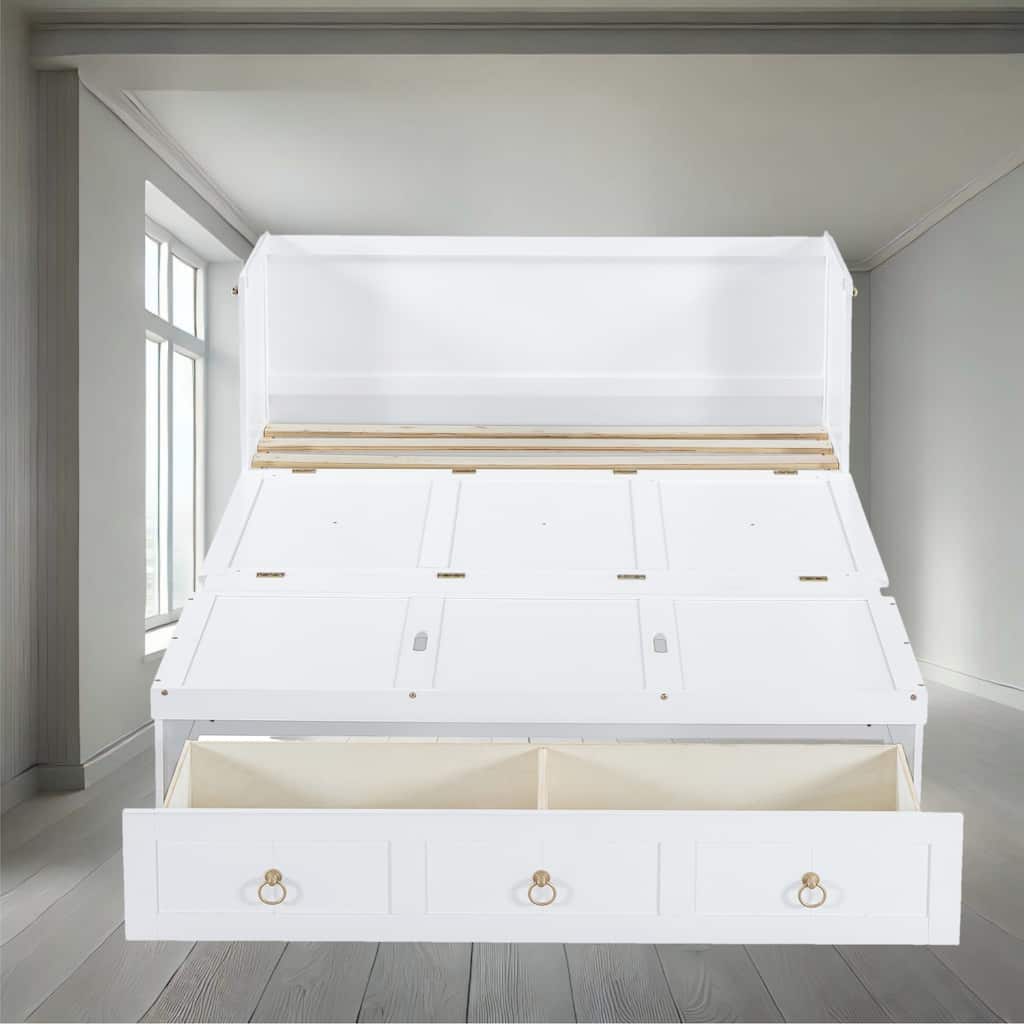 Space-Saving Full/Queen Murphy Bed with USB Charging Port, Storage Drawer, and Pine Wood Frame