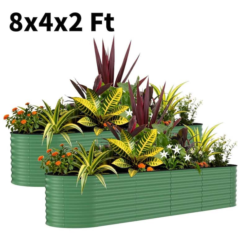 2 PCS 8x4x2 FT Galvanized Steel Raised Garden Bed, Planter for Vegetables, Flowers with Anti-Cut Strips - N/A - Green
