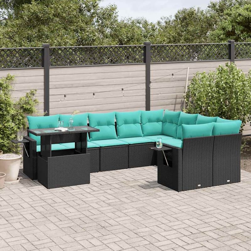 vidaXL Patio Sofa Set with Cushions and Table Outdoor 10 Piece Poly Rattan - 24.4 x 24.4 x 27.2 - Black