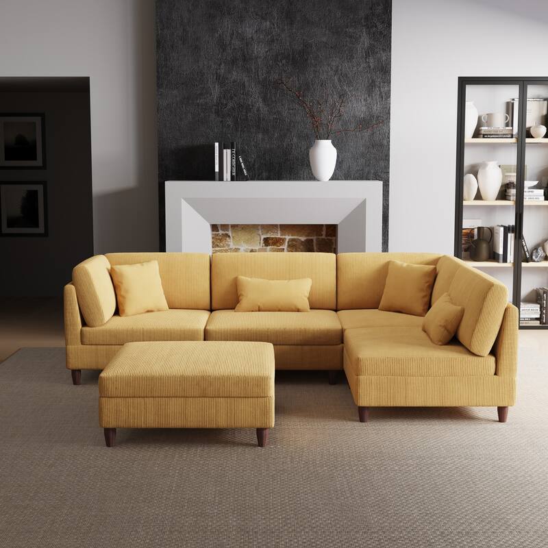 Corduroy Modular Sectional Sofa Set With Ottoman