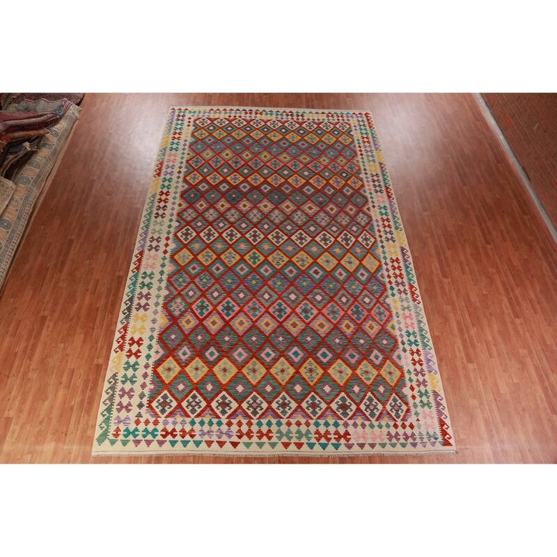 Trellis Kilim Oriental Large Rug Hand-Woven Wool Carpet - 10'3"x 16'2"