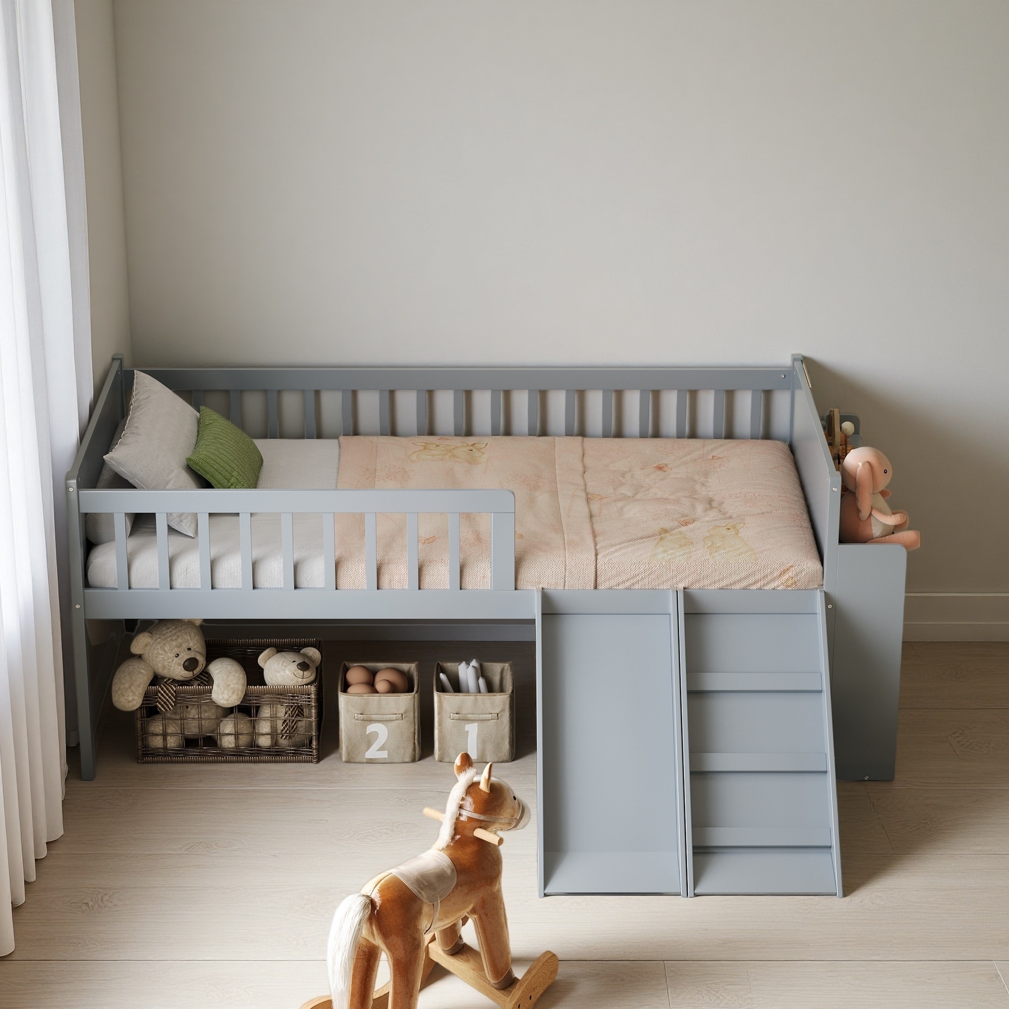 Twin Bed Frame with Storage Shelf, Wooden Bed Frame with Slide and Ladder, Platform Bed with Guardrail - No Box Spring Needed