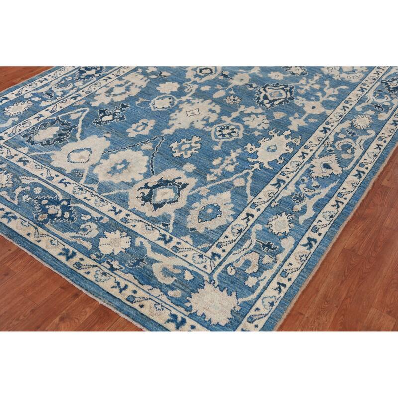 Hand Knotted Oriental 100% Wool Carpet Transitional All-Over Navy Blue & Blues Oushak Area Rug - 9' 4'' X 6' 4''