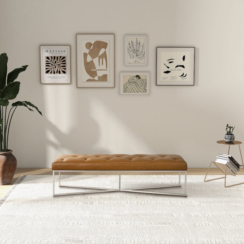 Madera 60" Wide Tufted Tan Leather Bench with Metal Frame