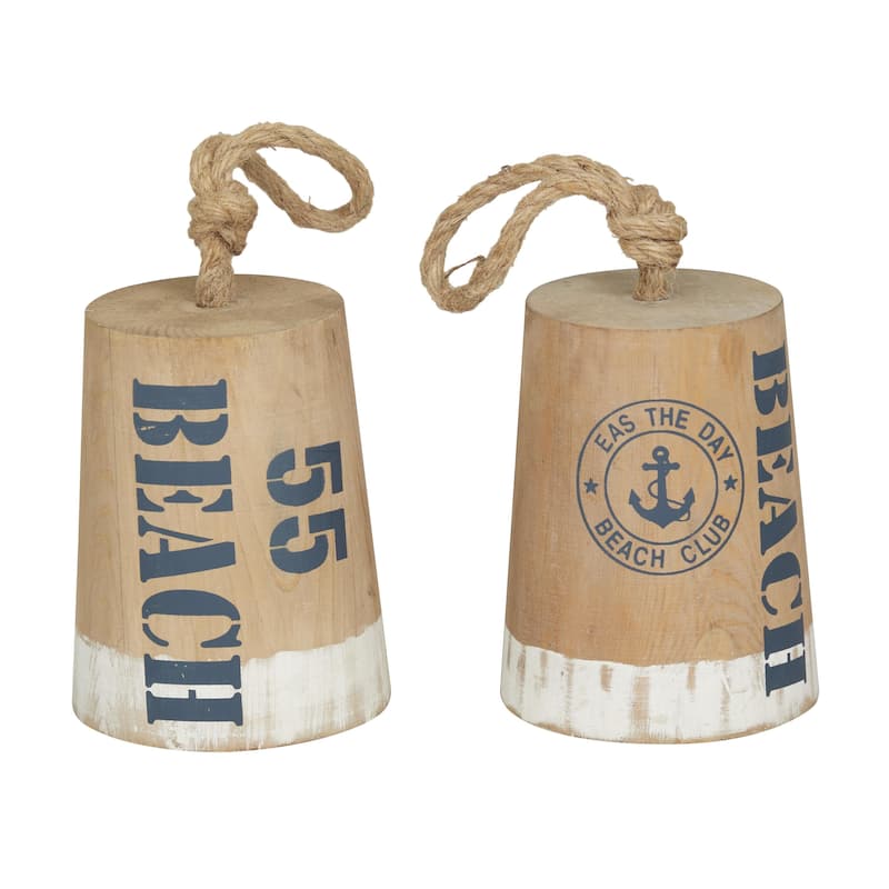 Wood Buoy Door Stopper Decorative Sculpture with Rope Accents - Set of 2 Brown - Roche River Decor