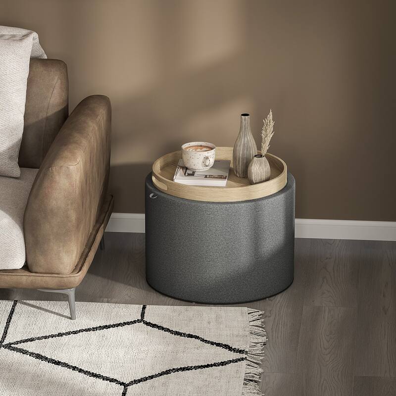 Dark Grey Storage Ottoman with Reversible Tray and Footrest Coffee Table and Extra Storage