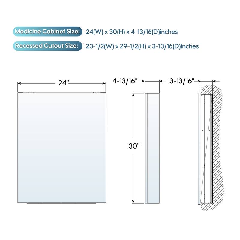 Recessed or Surface Wall Mount Bathroom Medicine Cabinet With Adjustable Glass Shelves