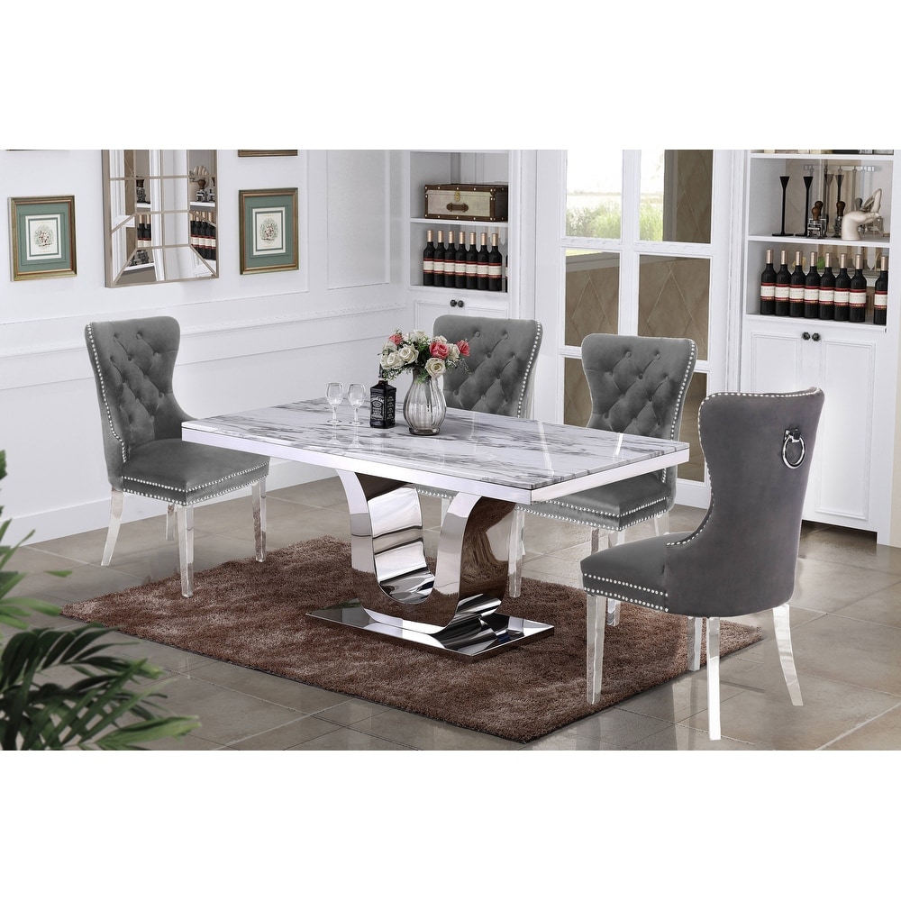 White and grey marble dining table set deals