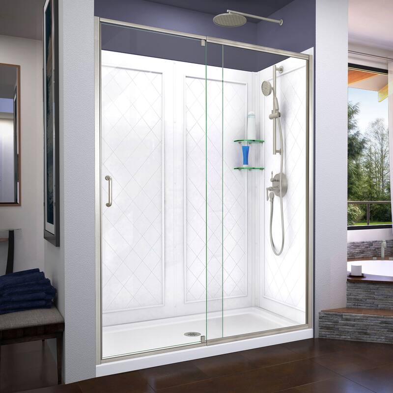 DreamLine Flex 30 in. D x 60 in. W x 76 3/4 in. H Pivot Shower Door, Shower Base and Backwall Kit - 30" x 60" - 30" x 60" - Brushed Nickel Finish Center Drain