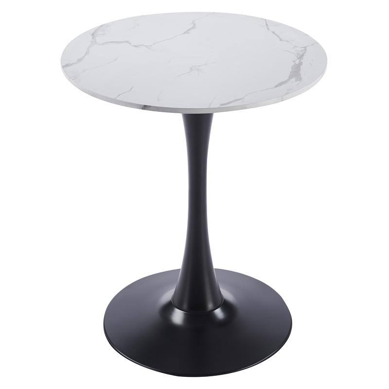 Bristol Modern Solid Wood Top Dining Table with Powder Coated Stainless Steel Pedestal Black Base for Home Kitchen or Restaurant - Marbled White - 27 Inches