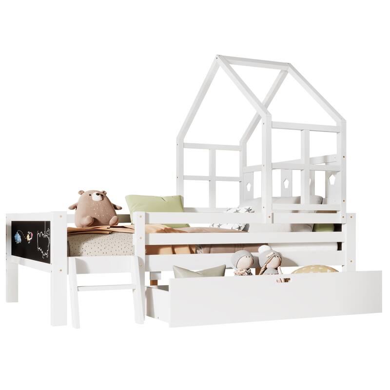 Full Size Kids' Loft-Style Bed with Ladder, Dual Blackboard Panels, and Underbed Storage Drawer, Solid Wood Frame