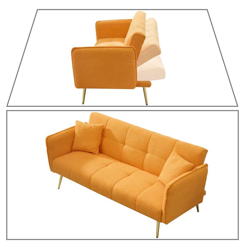 Modren Teddy Fabric Upholstered Convertible Futon Sofa Bed with Folding Armrests