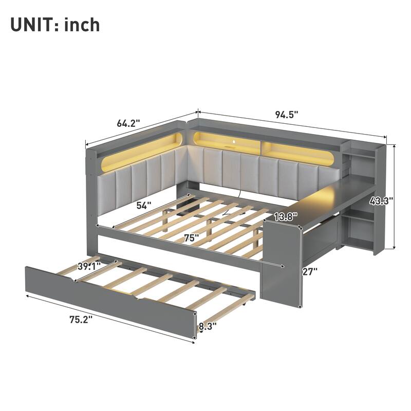 Full Size Daybed with Storage Shelves Built-in Charging Station LED Light, L-shape Upholstered Frame Sofa Bed with Cabinet, Desk