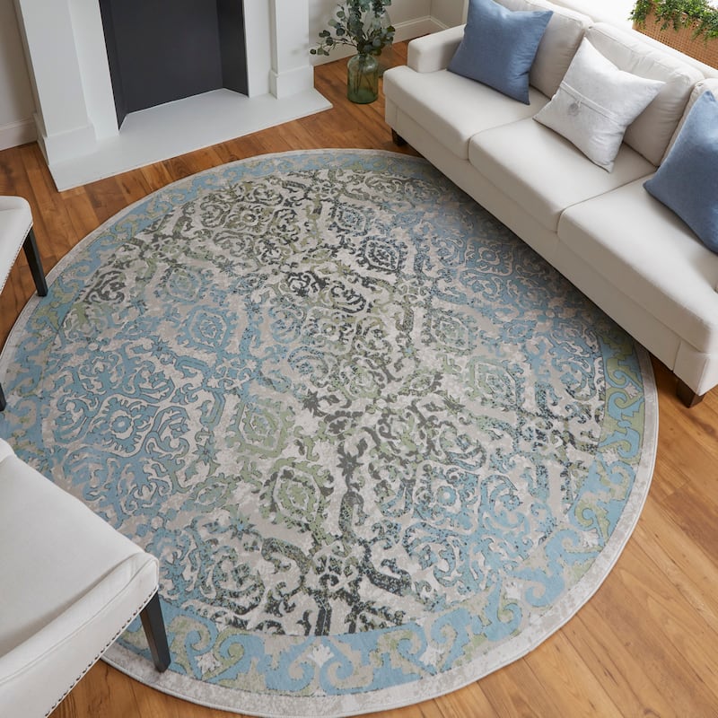 Alessandria Damask Print Rug, Turquoise Blue/Mint, Area Rug