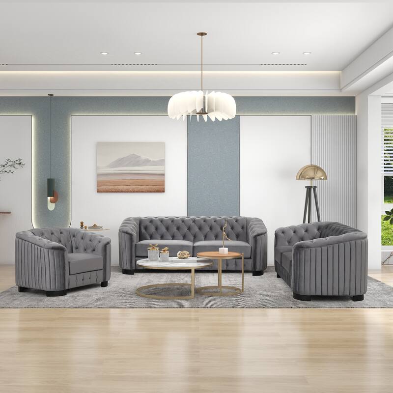 3-Piece 6-Seat Velvet Sofa Set (3+2+1) with Tufted Back & Rubber Wood Legs