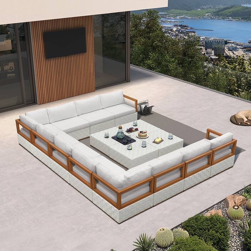 PURPLE LEAF GLFSF U-Shaped White sofa Outdoor Couch for Yard Porch Deck Patio Conversation Sets - 11seats+4 Tables - U-shaped