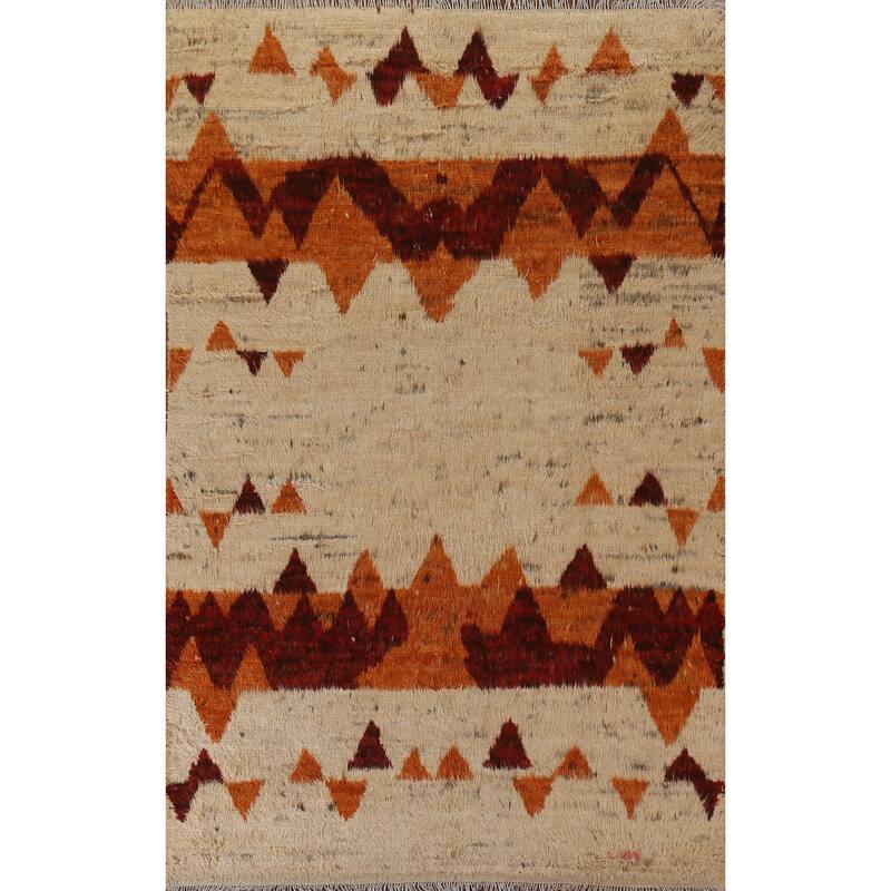 Hand Knotted Oriental 100% Wool Carpet Modern Tribal Beige & Ivories Moroccan Area Rug - 9' 8'' X 6' 8''
