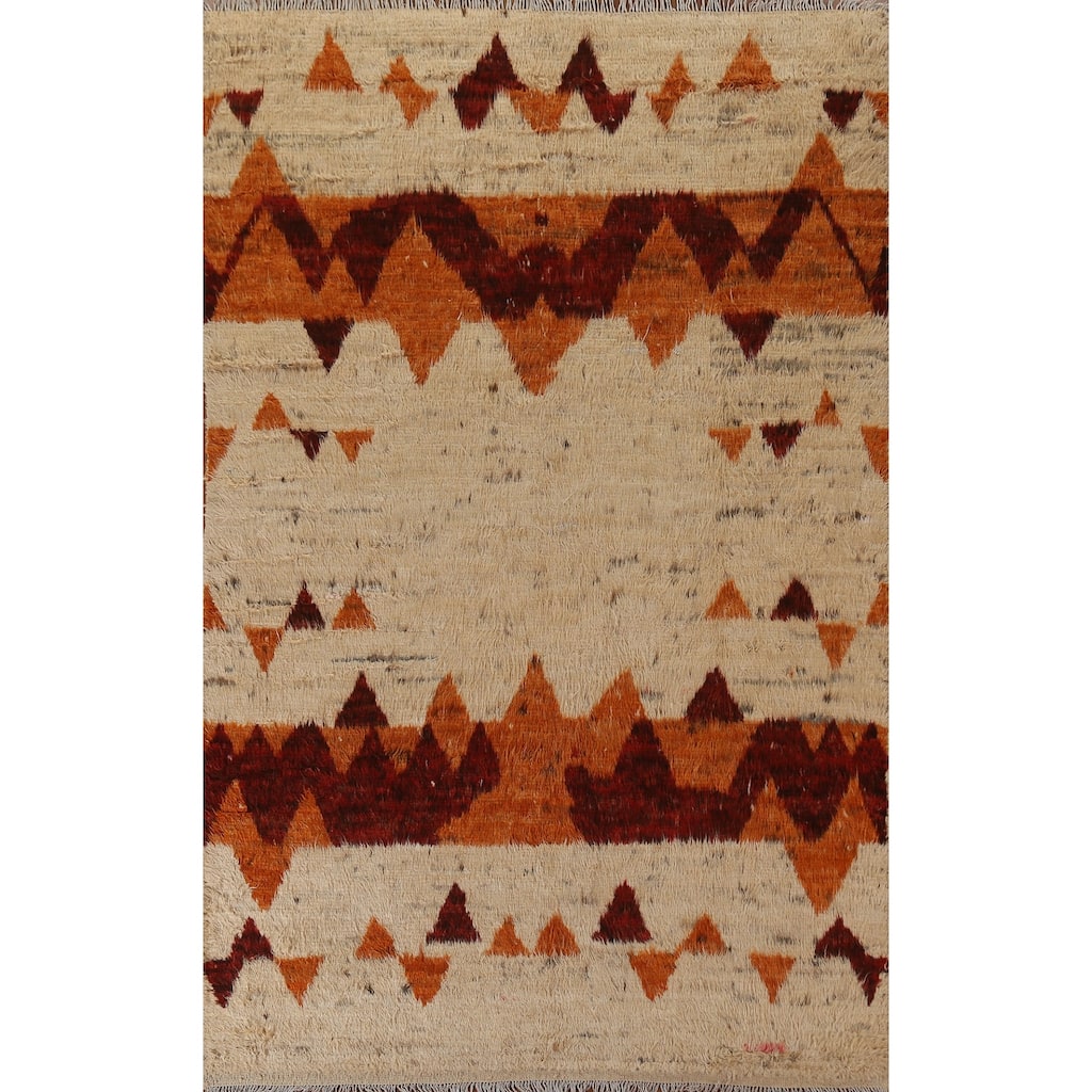 Hand Knotted Oriental 100% Wool Carpet Modern Tribal Beige & Ivories Moroccan Area Rug - 9' 8'' X 6' 8''