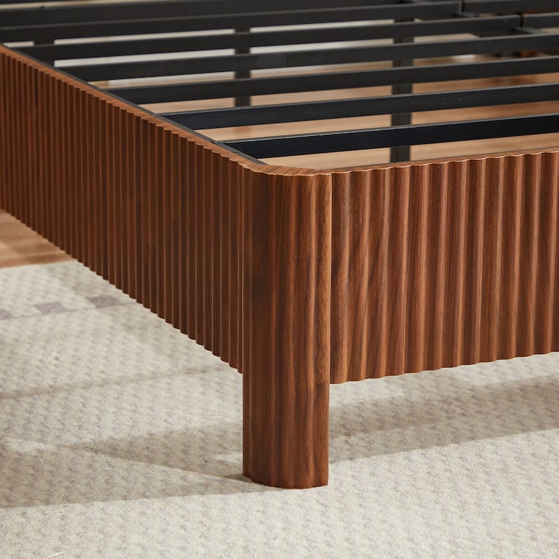 Farmhouse Style Platform Bed Frame, Wooden Corrugated Lines Bed Frame with Headboard, Rounded Safety Corners, Noise-Free Design