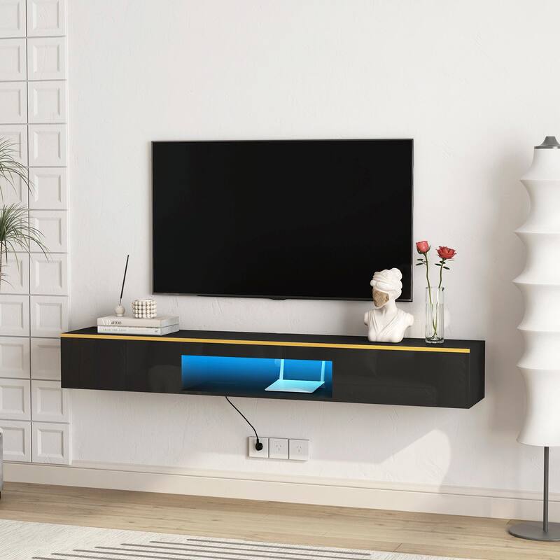 Floating TV Stand Wall Mounted with 16 Color LEDs, 69" Modern TV Stand