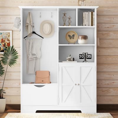 73.2"H Multi-functional Hall Tree with Storage Shelves Drawers and Cabinet