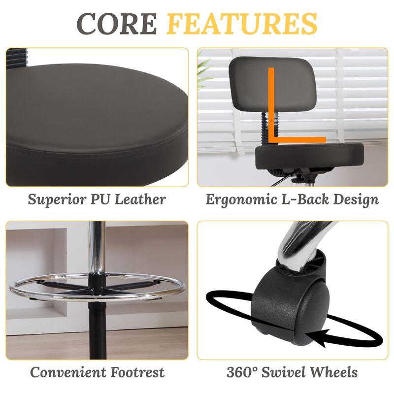 Height Adjustable Drafting Stool - With Premium Leather, Rolling Wheels