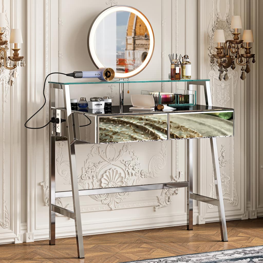 33.9" Mirrored Makeup Vanity Desk with Mirror and Lights