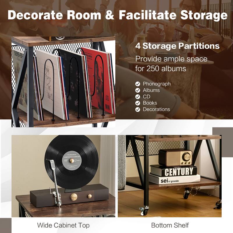 Costway 3-tier Rolling Turntable Stand Vinyl Record Storage Shelf with - See Details