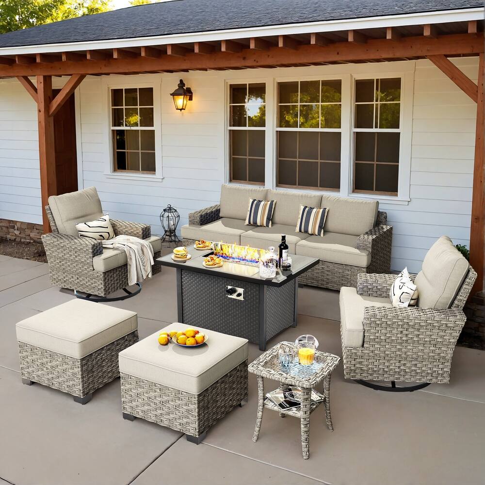 OVIOS 9 Pieces T shaped Seat Wide Armrest Swivel Chair Set With Fire Pit