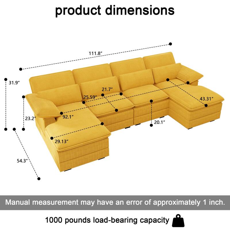 111.8" U-Shaped Cloud Sectional, 4-Seater Corduroy Upholstered Sectional with Recliner and Cushions