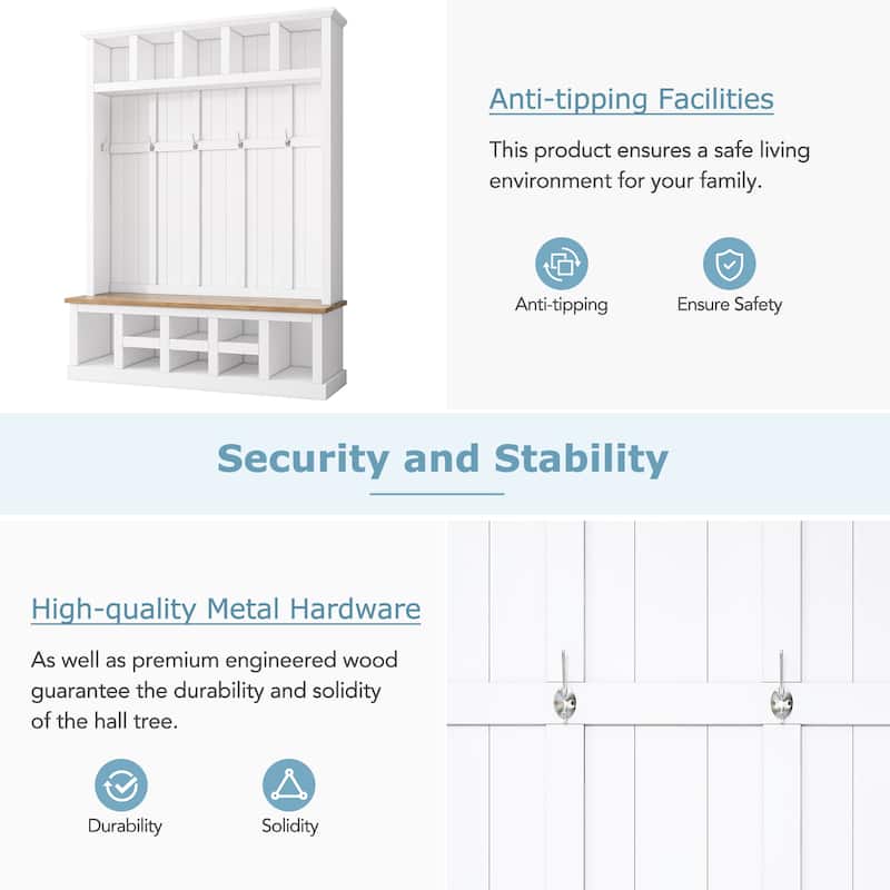 Hall Tree Storage Cabinet with 4 Hidden Hooks, Bench, and Open Compartments