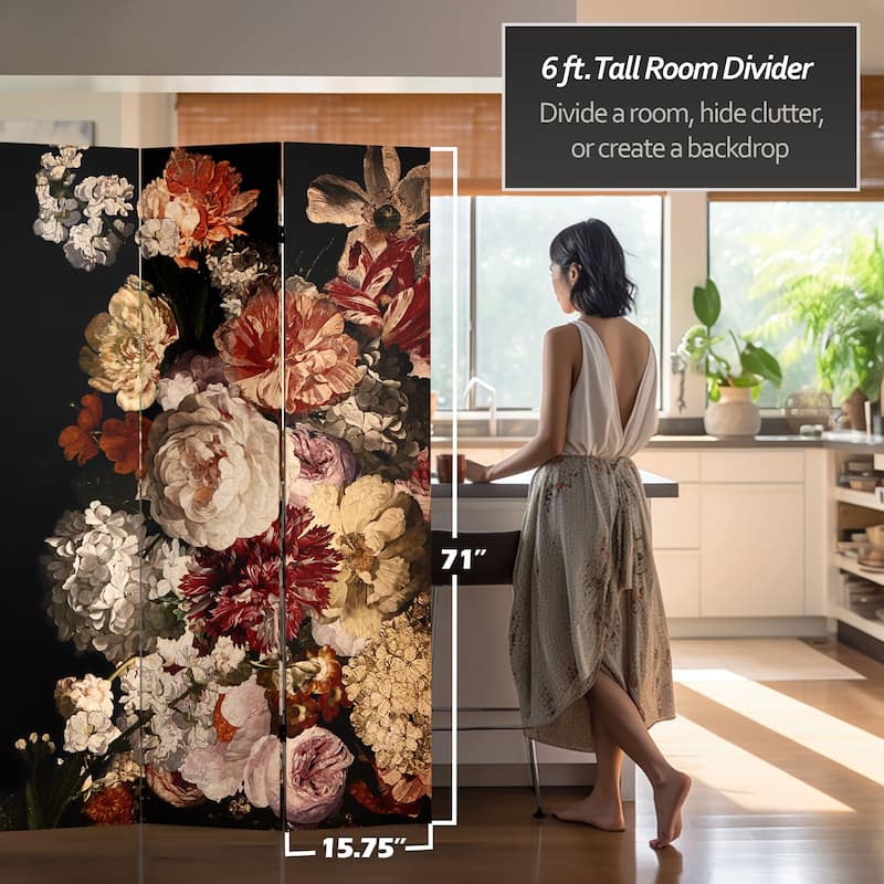 6 ft. Tall Double Sided Vintage Flowers Canvas Room Divider