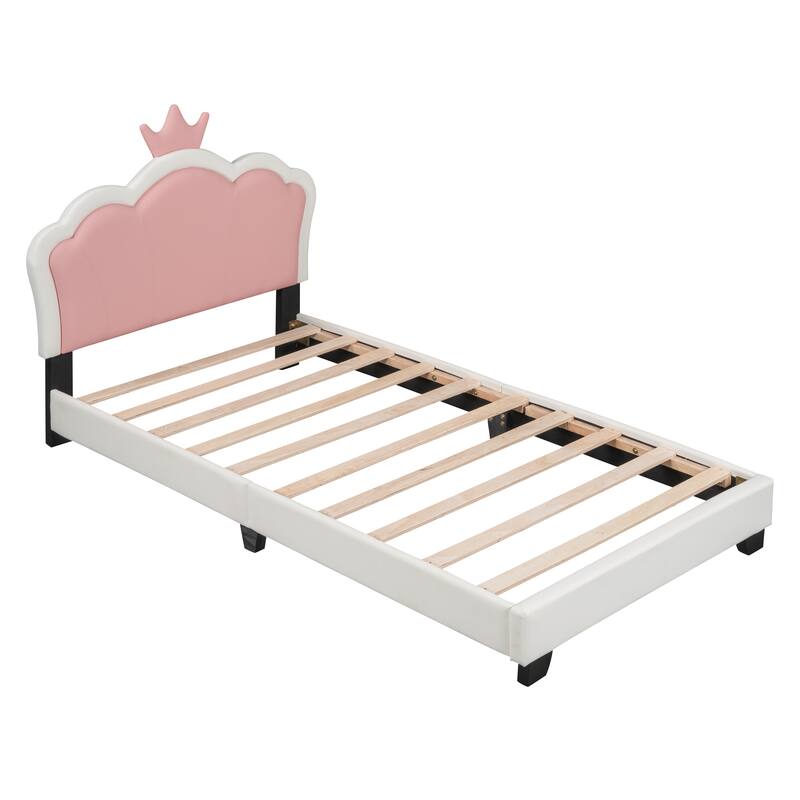 Pine Wood Upholstered Princess Bed Frame with Crown Headboard, PU