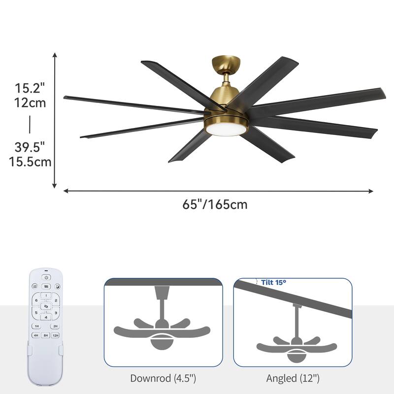 Moasis 8 Blade Ceiling Fan with Light and Remote 65 Inch Large Black and Gold Ceiling Fan - 65"W x 65"L x 39.5"H