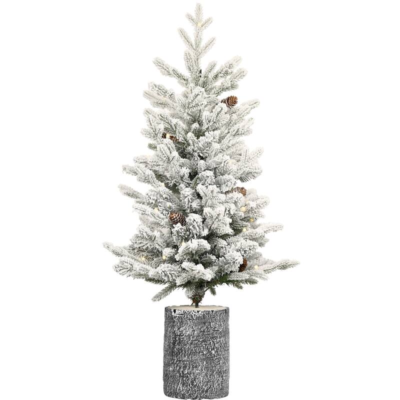 Pre-Lit Flocked Tabletop Tree - Warm White LED Lights, PE+PVC Branches, Pine Cones, Pot Base - White+Green