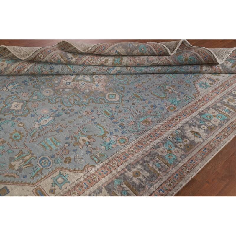 Geometric Blue Tabriz Persian Antique Area Rug Handmade Wool Carpet - 8'0" x 10'10"
