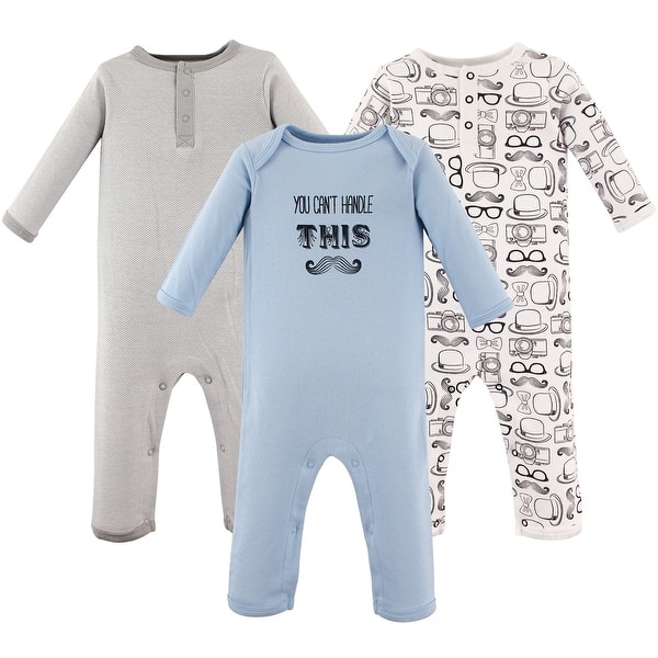 slide 1 of 1, Hudson Baby Infant Boy Cotton Coveralls 3pk, Mustache 0 - 3 Months - Blue