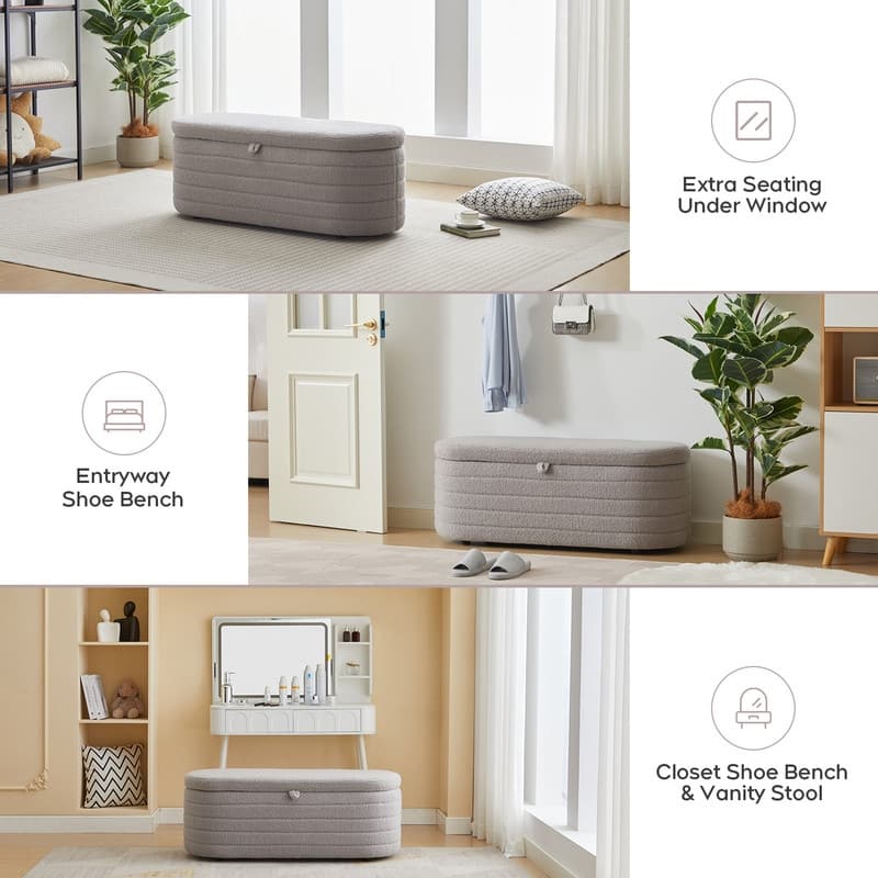 45" White Teddy Storage Ottoman Bench for Living Room Bedroom,Oval Sherpa Storage Bench Ottoman Foot Rest Anti-slip Legs