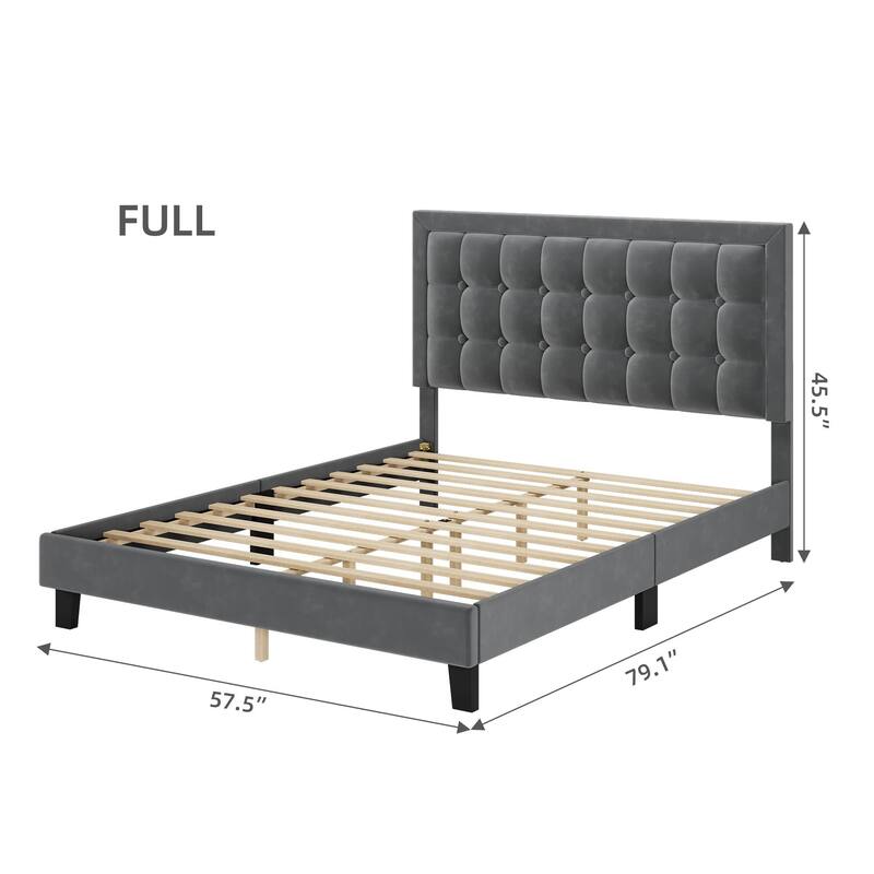 Button Tufted Velvet Platform Bed with Adjustable Headboard