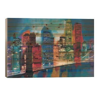 Abstract NYC Skyline at Night Print On Wood by Brian Carter - Multi-Color