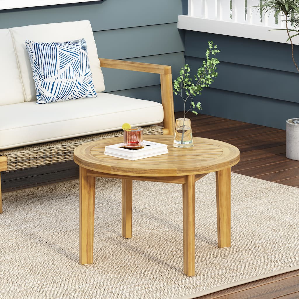 Roomfitters Round Patio Coffee Table, Solid Acacia Wood Slatted Top with Tapered Legs, Natural Wood