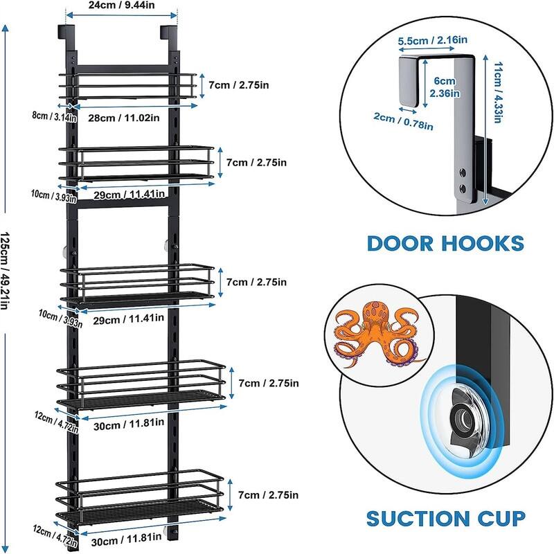 5Tier Over the Door Pantry Organizer Spice Rack - 4.72"D x 11.81"W x 49.21"H