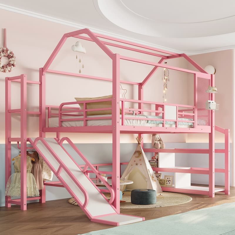 Fun Play House-shaped Loft Bed Metal Bed Frame with Grid and Shelves