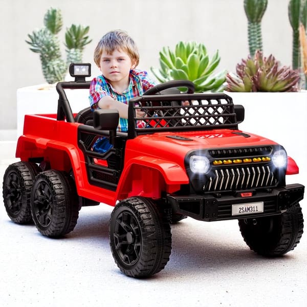 slide 2 of 27, 12V Kids Ride-On Car with Remote Control, Ride on Truck with Back Trailer, Spring Suspension, & Seatbelt - Electric Vehicle Red