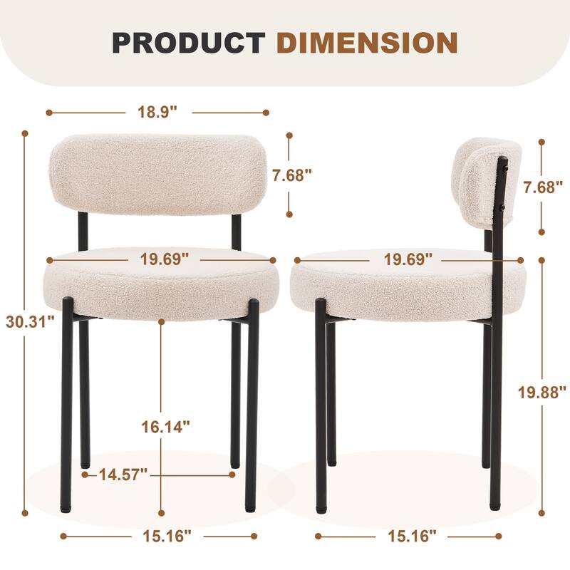 Set of 2 Modern Dining Chairs, Boucle Upholstery with Curved Backrest & Metal Legs, Kitchen & Living Room Seating