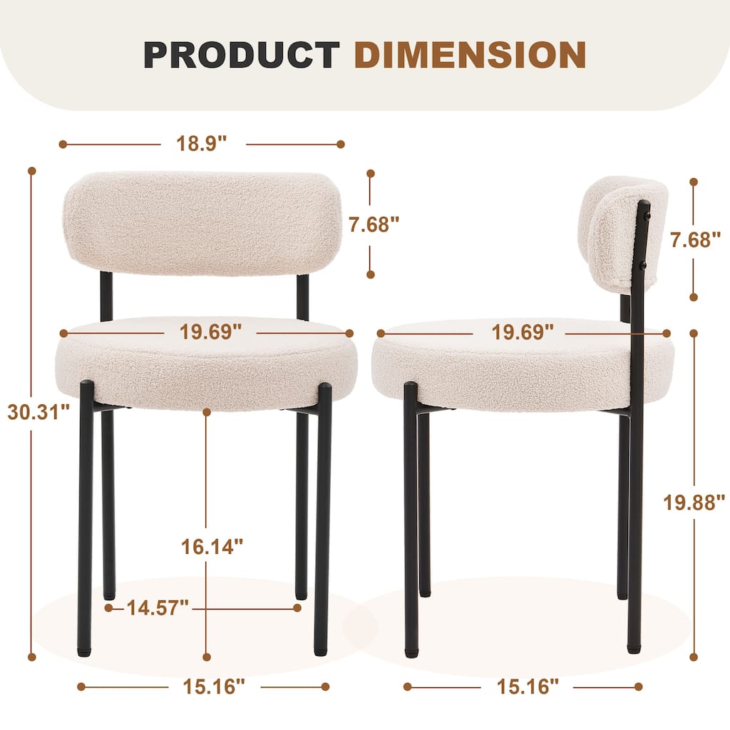Set of 2 Modern Dining Chairs, White Boucle Upholstery with Curved Backrest Metal Legs, Mid-Century Kitchen Seating
