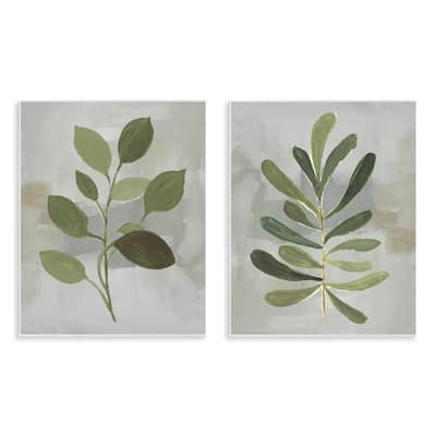 Stupell Green Leaf Branches on Grey Wall Plaque Art Design By Lanie Loreth (Set of 2)