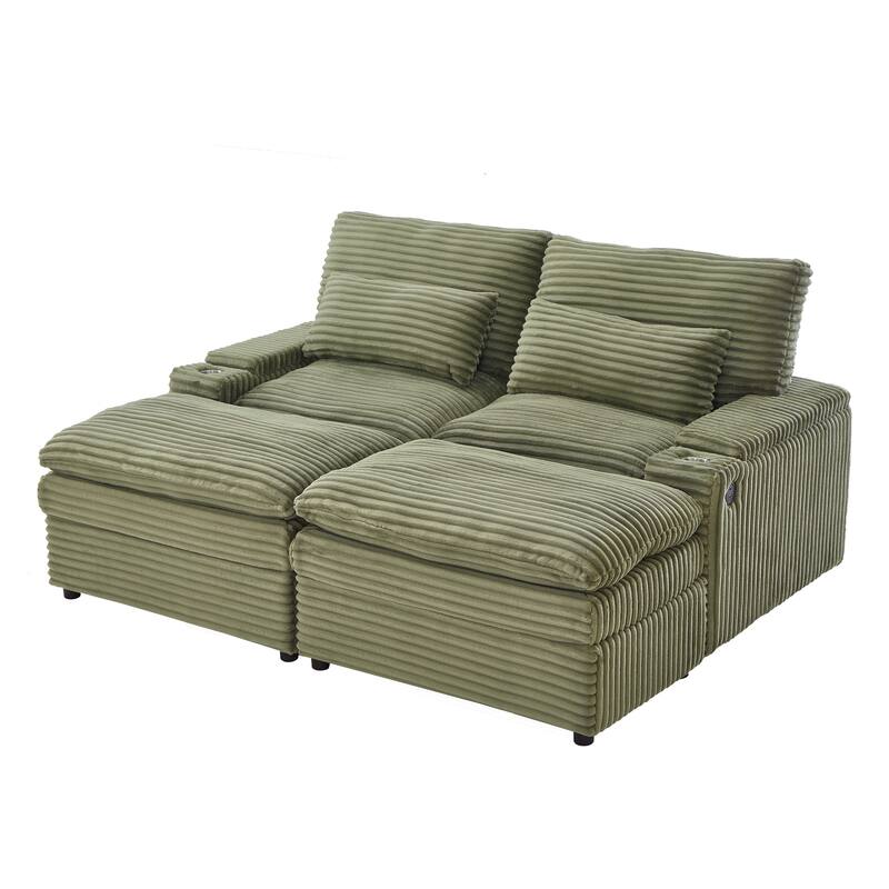 L-Shaped Corduroy Sectional Sofa w/ USB Ports & Cup Holders, 2-seater Sofa Loveseat w/ 2 Ottomans, Convertible Sleeper Sofa Bed