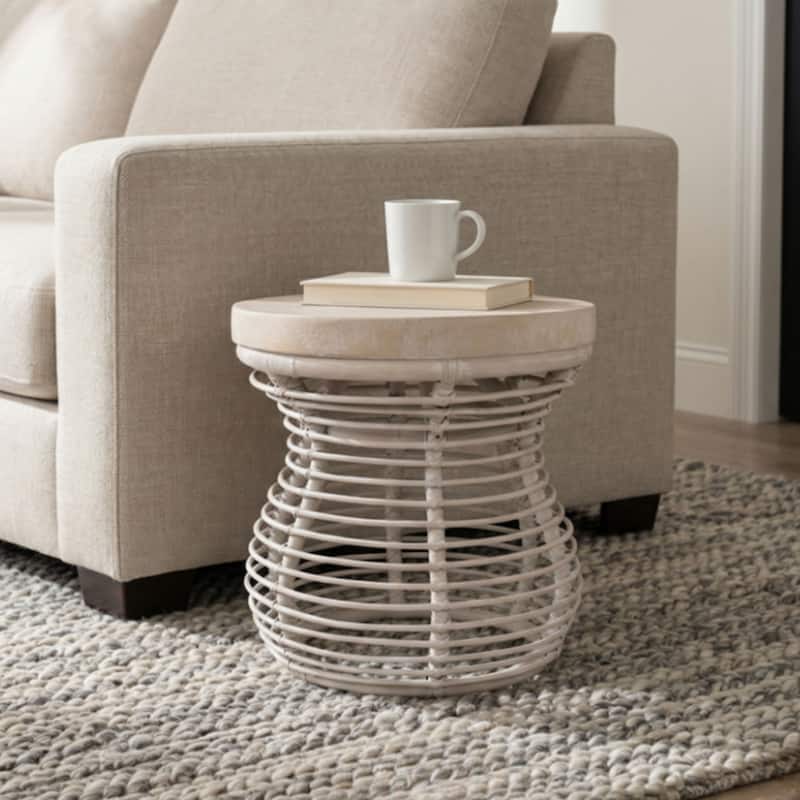 Orinda Rattan Hourglass Side Table with Solid Wood Top by East at Main - Wood