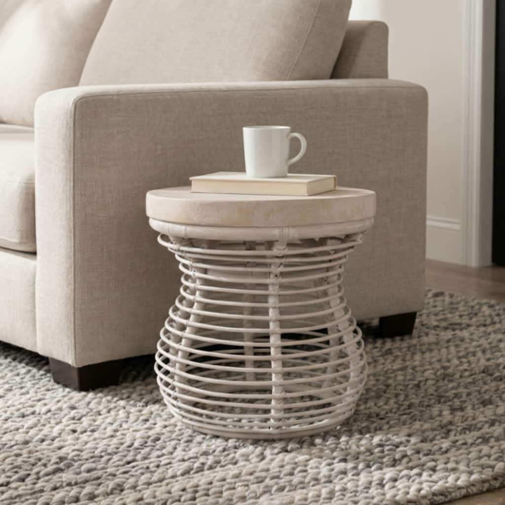 Orinda Rattan Hourglass Side Table with Solid Wood Top by East at Main